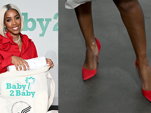 Kelly Rowland Dons Bold Red Suede Pumps While Providing Support at Baby2Baby Headquarters