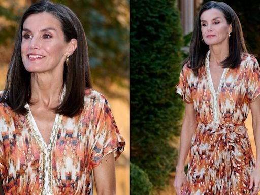 Queen Letizia of Spain Flows With Color in Eclectic Maksu Midi Dress With King Felipe VI for Palace Dinner