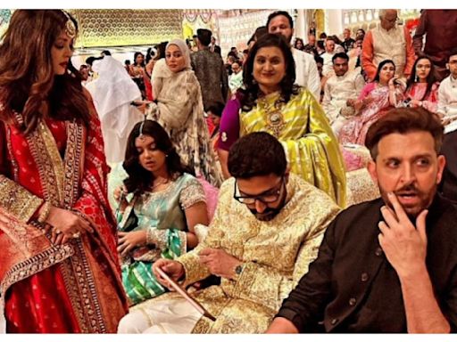Aishwarya Rai, Abhishek Bachchan laugh with Hrithik Roshan after the couple posed separately at Ambani wedding; Aaradhya joins them