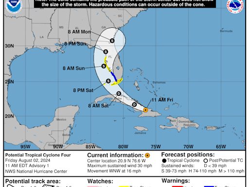 Portions of Florida placed under a tropical storm warning and a tropical storm watch by forecasters