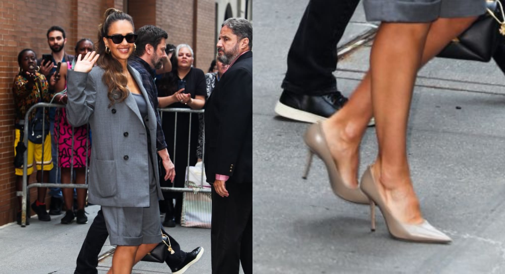 Jessica Alba Rewears Patent Leather Jimmy Choos With Gray Suit for ‘The View’ Appearance