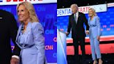 Jill Biden Softens Power Suiting in Monochrome Periwinkle Look With Glittering Brooches for CNN Presidential Debate