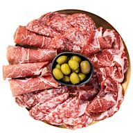 A cured meat assortment offers a flavorful array of meats, showcasing a spectrum of tastes. The assortment often includes various cuts and styles of cured meats, such as salami, prosciutto, chorizo, and more.