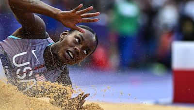 The United States' Jasmine Moore competes in the women's long jump qualification of the athletics event at the Paris 2024 Olympic Games at Stade de France on Tuesday, Aug...