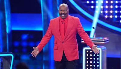 Steve Harvey Steps Out In A Sleek Animal Print Look For ‘Family Feud’ Press Run