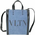 VALENTINO VLTN 字母印花單寧布拼牛皮手提/斜背托特包(藍色)