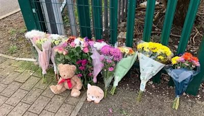 Girl, five, dies after being hit by a lorry as she rode her bike outside school - as mourners leave flowers and teddy bears at the scene in tribute