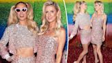 Paris and Nicky Hilton twin in pink sequins at Alice + Olivia Pride party