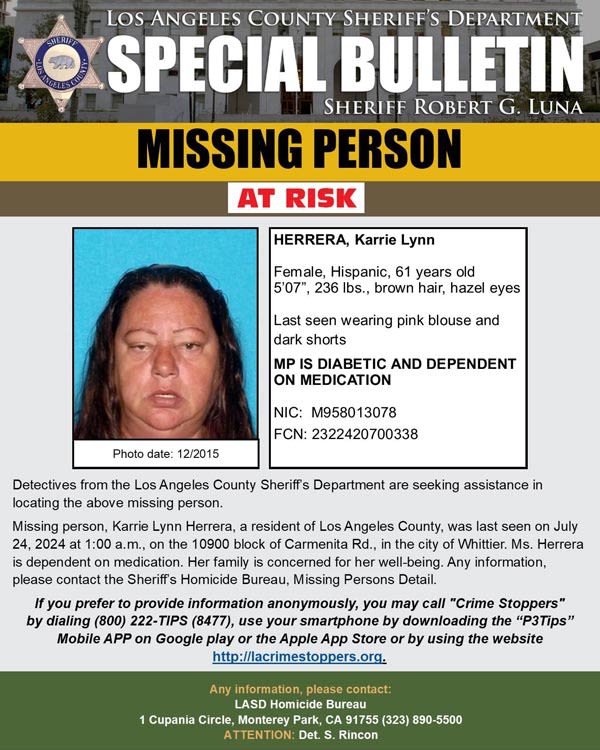 Los Angeles County Sheriff Seeks Public’s Help Locating At-Risk Missing Person Karrie Lynn Herrera, Last Seen in Whittier