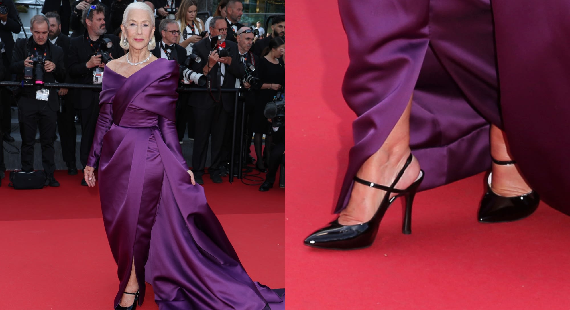 Helen Mirren Graces Cannes Film Festival Red Carpet in Royal Purple Gown and Patent Leather Heels