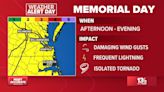 Strong damaging winds, lightning possible Memorial Day