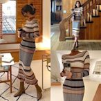 韓國代購 長版條紋針織修身洋裝針織連身裙