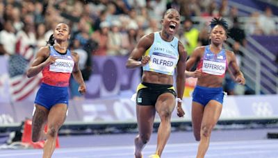 Julien Alfred upsets Sha'Carri Richardson to win women's 100 meters at Paris Olympics