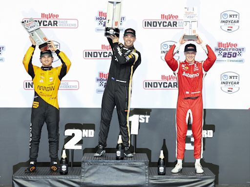 IndyCar’s Josef Newgarden used the slippery high line to drive from 22nd to third at Iowa Speedway