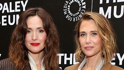 Bridesmaids reunion! Rose Byrne joins her former co-star Kristen Wiig at PaleyLive event for Apple TV+ drama Palm Royale in NYC