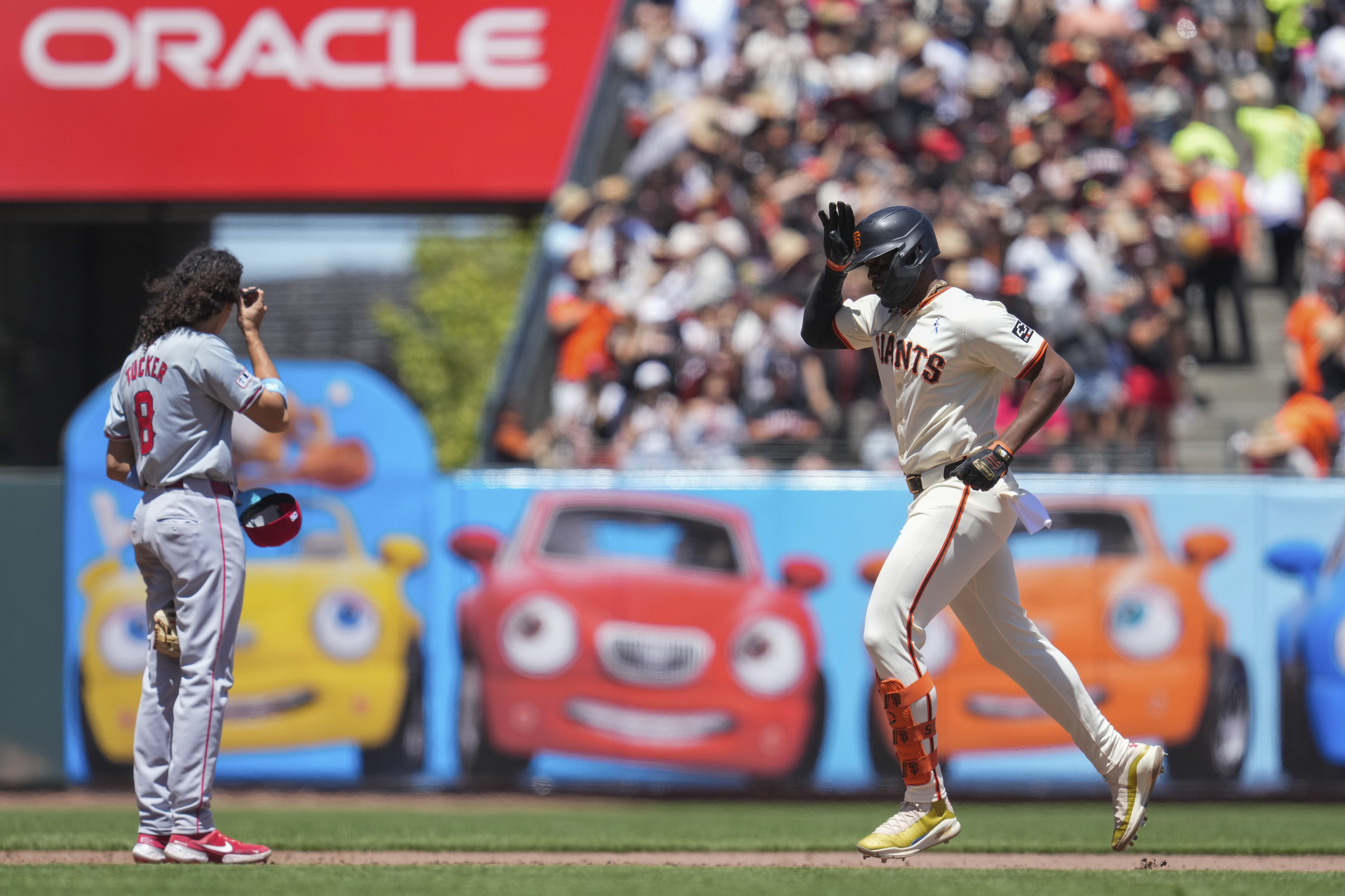 Jorge Soler's 3-run homer keys a 9-run inning that leads the Giants past the Angels 13-6