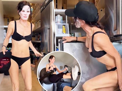 Courteney Cox, 60, rocks tiny black bikini, face mask while trolling her wellness routine