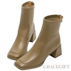 【Grace Gift】逸歡聯名-立體層次拼接感粗跟方頭短靴 灰綠