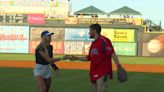 Drake's Katie Dinnebier throws out first pitch at Iowa Cubs game