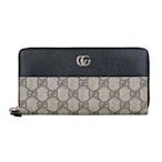 GUCCI MARMONT金字雙G LOGO皮革拼接印花PVC 12卡拉鍊長夾(黑x米x烏木)