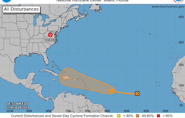 National Hurricane Center tracking tropical wave with 60% chance for development. Debby weakens