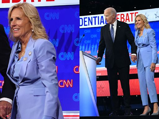 Jill Biden Softens Power Suiting in Monochrome Periwinkle Look With Glittering Brooches for CNN Presidential Debate