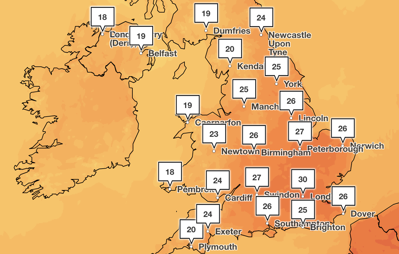 Maps show where in the UK temperatures will soar to 30C this week