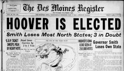 Historic front page from the Des Moines Register, Nov. 7, 1928: Hoover elected president