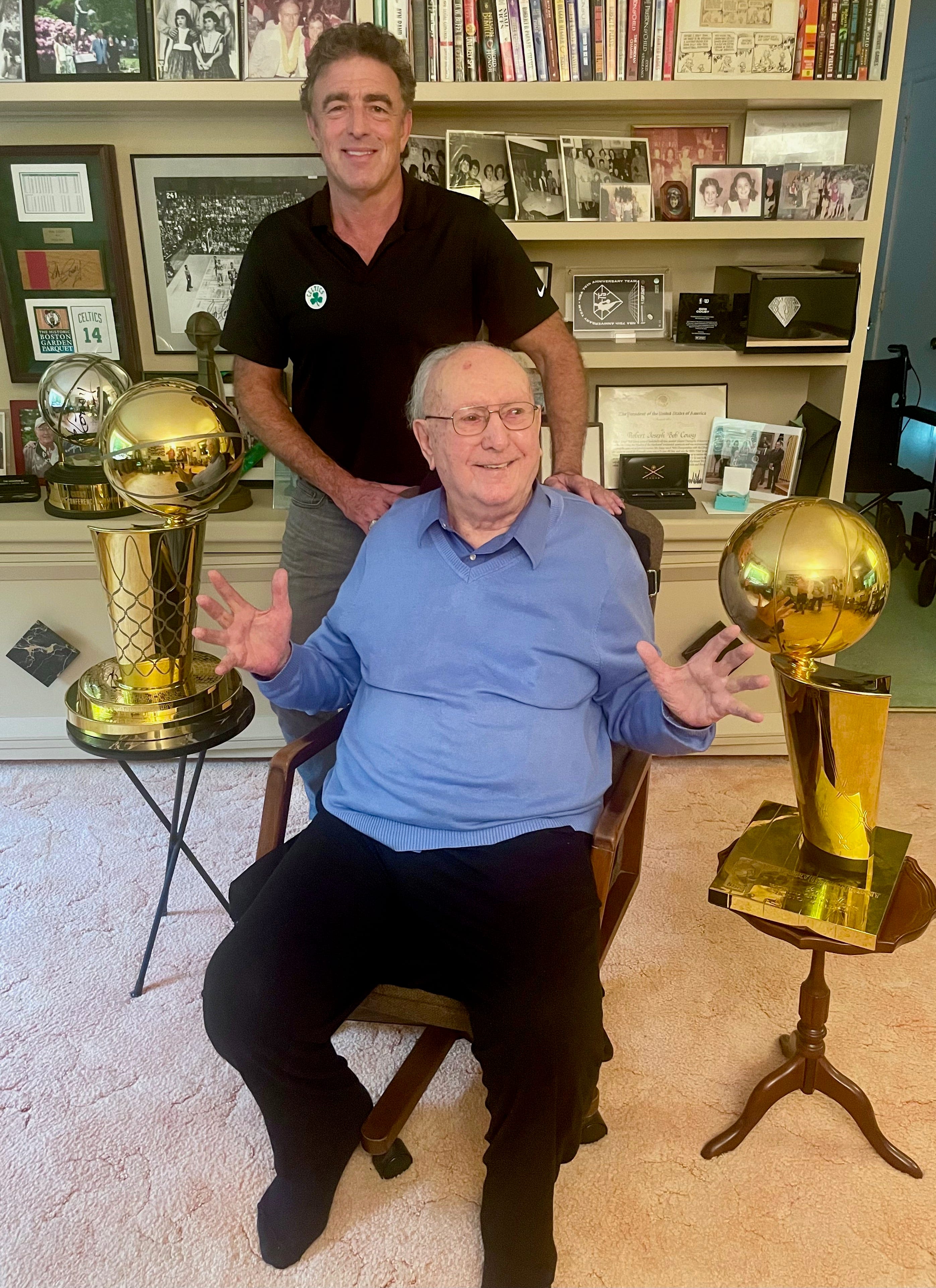 'He’s always been a team player': Celtics owner pays visit, tribute to Bob Cousy, with NBA championship trophies in tow