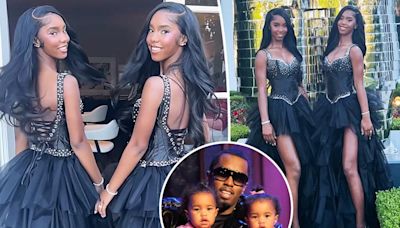 Diddy’s twin daughters, D’Lila and Jessie Combs, match at prom in black bedazzled bustier gowns