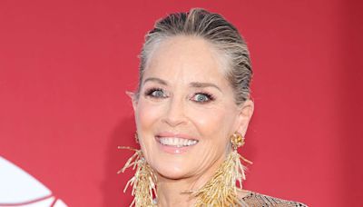 Actress Sharon Stone Rocks Striped Two-Piece Swimsuit for Pool Workout