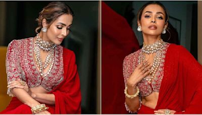 Malaika Arora’s red pre-draped saree is an ideal Grah Pravesh look for modern brides