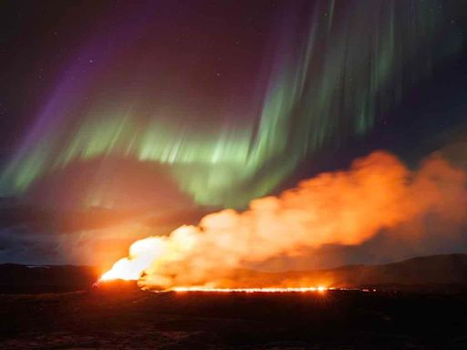 Photographer Captures Northern Lights Over an Erupting Volcano