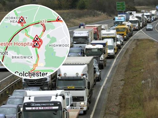 Traffic at a standstill on A12 in Colchester after car is 'overturned' in crash