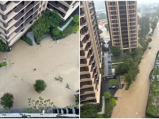 颱風挾暴雨…高雄豪宅區淹了！屋主起床俯瞰道路變黃河 百萬豪車泡水