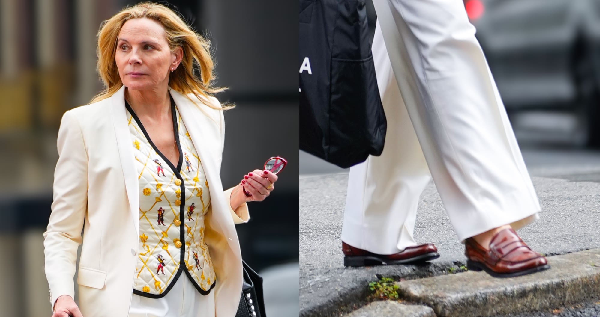 Kim Cattrall Adds Whimsical Touch to Summer Dressing With Quilted Escada Vest and Penny Loafers in NYC