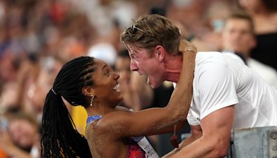 Tara Davis-Woodhall and her husband, Hunter, gleefully celebrating her Olympic gold medal is pure joy