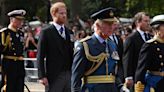 Charles leads family behind coffin for procession for the lying-in-state of Her Majesty