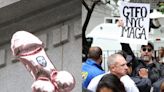 As Michael Cohen's testimony droned on, the real hush-money show moved outdoors with crude balloons and a 'Beetlejuice' chant