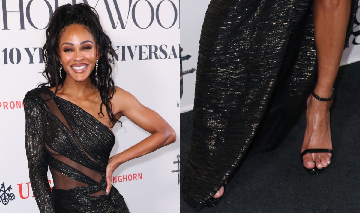 Meagan Good Embraces the Multi-Textured Trend in Glittery Dress and Patent Leather Sandals at A Toast to Black Hollywood Party