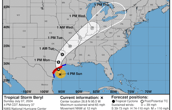 Beryl to hit Texas on Monday, with high winds and possible tornadoes by Sunday afternoon