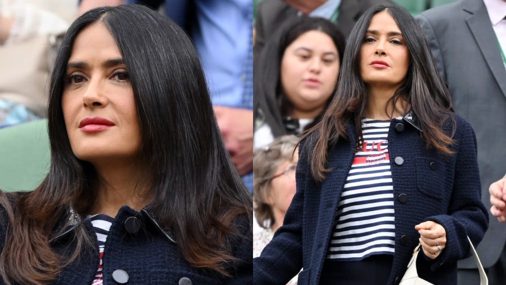 Salma Hayek Flaunts Nautical Flairs in Navy Tweed Gucci Jacket and Graphic Striped Top at Wimbledon Day Seven