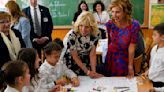 Jill Biden meets with Ukrainian refugees at a school in Romania