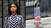 ...Downing Street Exit With Ka-Sha Dress in National Flag Colors for U.K. Prime Minister Rishi Sunak’s Farewell Speech