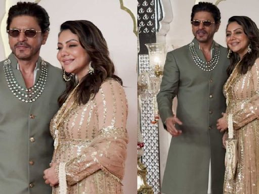 Shah Rukh Khan looks royal in Pathani accessorized with three-layered necklace, Gauri Khan stuns in gold at Ambani wedding