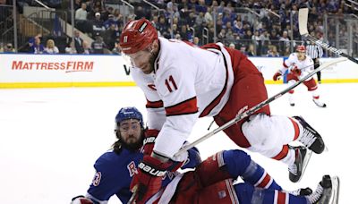 Mika Zibanejad and Igor Shesterkin lead Rangers to 4-3 victory over Hurricanes in Game 1 of Eastern Conference semifinals