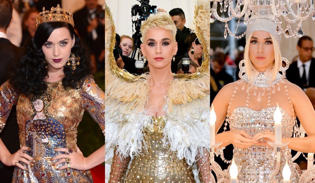 Katy Perry’s Most Iconic Met Gala Looks Through the Years: Bold Blue Tommy Hilfiger, Graffiti-adorned Jeremy Scott and More