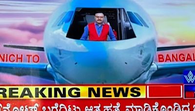 Kannada TV channel's GFX shows anchor in plane cockpit for Prajwal Revanna Germany flight news. Viral pic