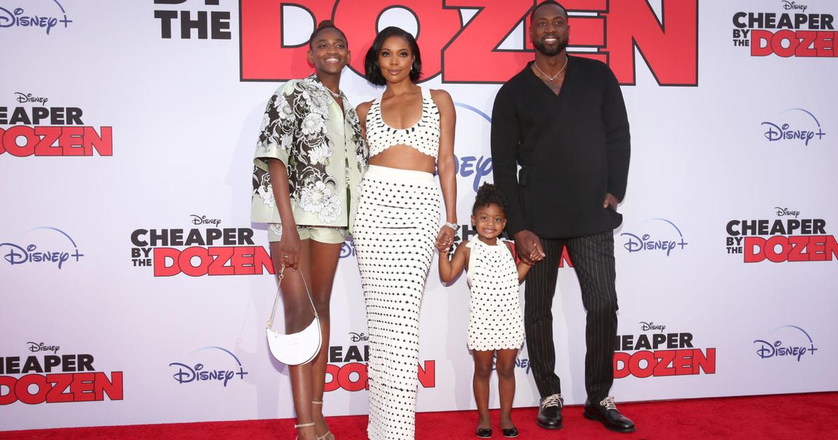 In this photo from March 16, 2022, Zaya Wade, left, Gabrielle Union, Kaavia James Union Wade and Dwyane Wade attend the World...