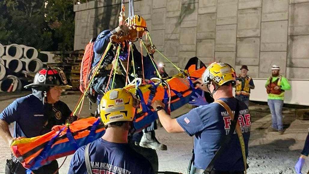 Construction worker rescued after a fall at the Jupiter Bridge on US 1